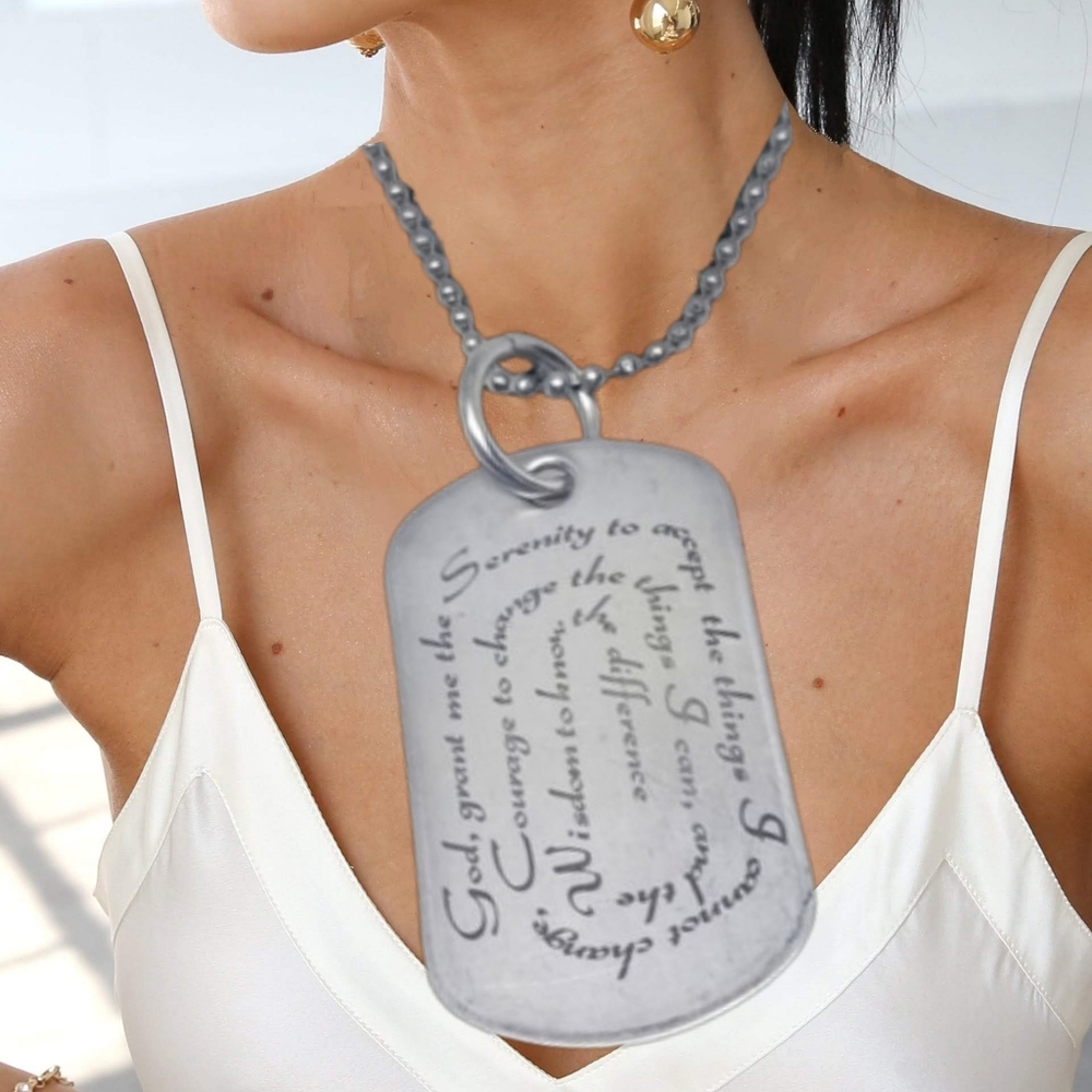 Serenity Prayer Necklace Gray Dog Tag Pendant | 30” Chain | Inspirational